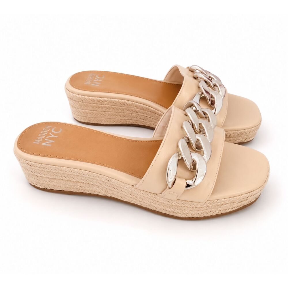 Madden NYC Cream Bone Chain Espadrille Platform Slide Sandals Cottagecore NEW 9